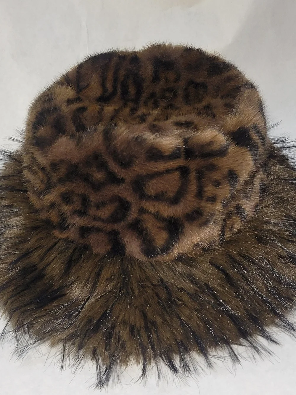 LA Carrie Faux Fur Leopard Print Bucket Hat in Brown